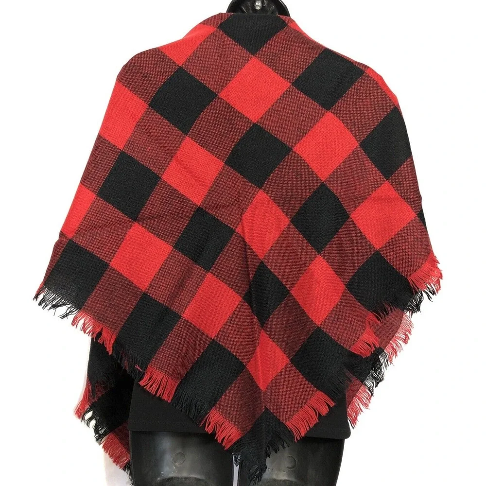 Vintage Buffalo Plaid Scarf Triangle, Red and Black Large Fringed, 70